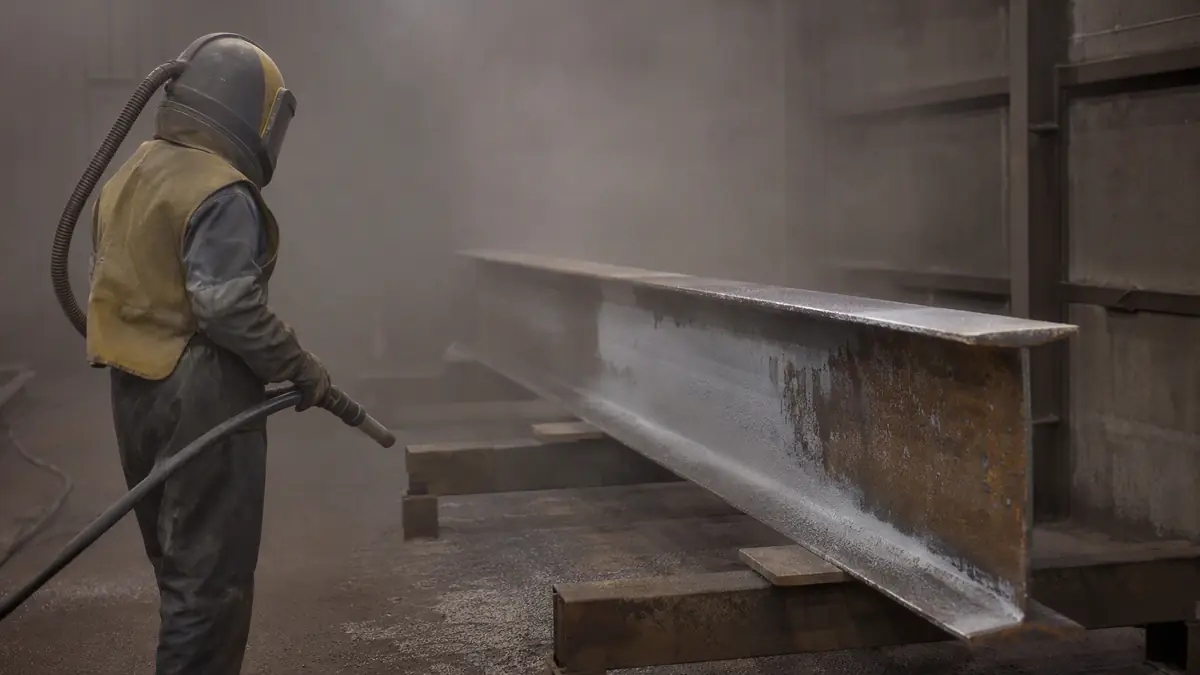 Blast room operator pausing work on a partially cleaned steel beam in a dusty environment, illustrating lost cleaning efficie