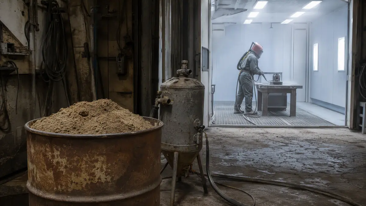 An outdated workshop using a drum of river sand for blasting contrasts with a modern, safe industrial blasting booth in the b