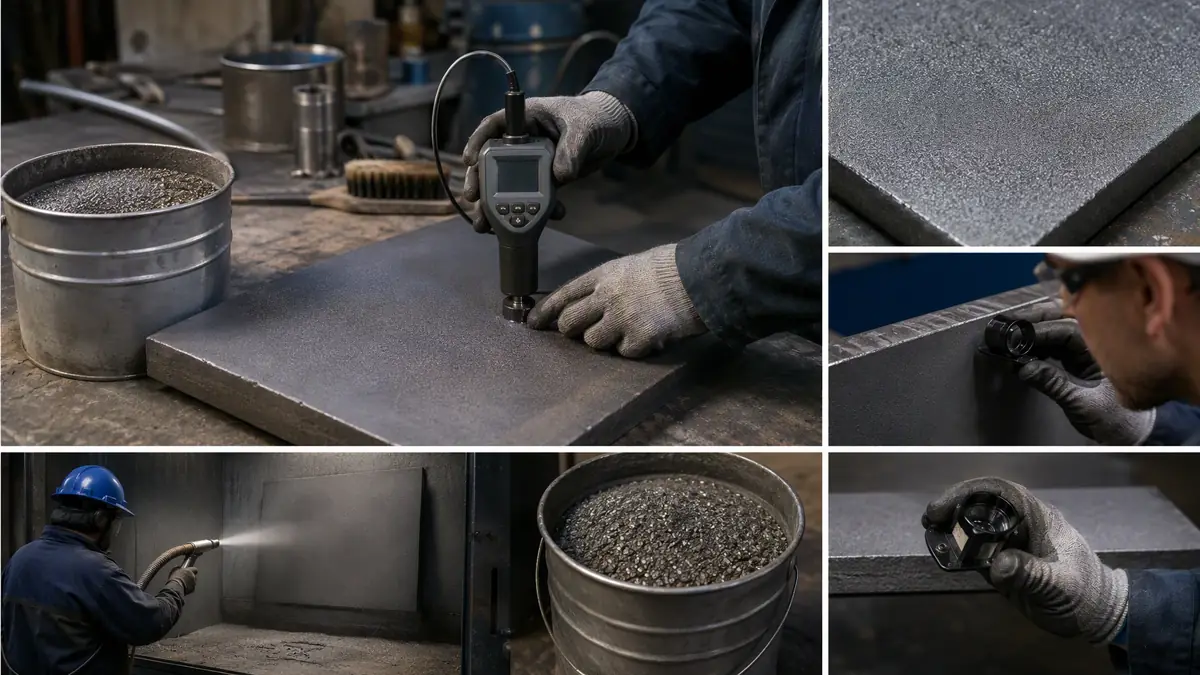 Technician performing hardness testing on a blasted steel plate during a trial run with a low-cost generic abrasive for a non