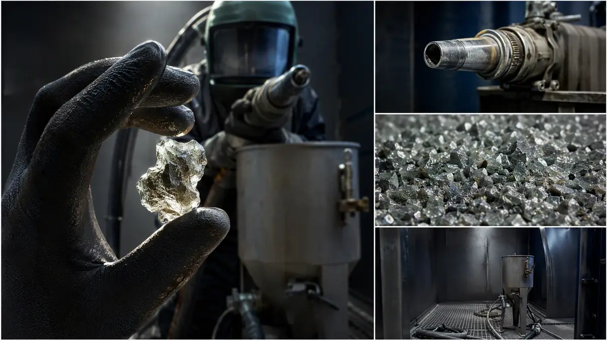 Worker examining a fractured abrasive particle caused by equipment incompatibility.