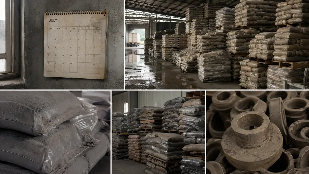 Overstocked warehouse with dusty pallets of abrasive bags and a calendar showing July, illustrating the mistake of excess mon