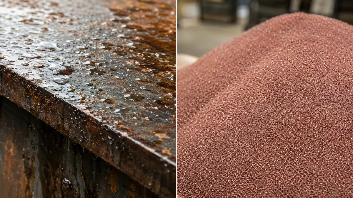 Split image contrasting a wet, rusted steel surface with a pile of dry red garnet abrasive sand, showing why monsoon rains ha