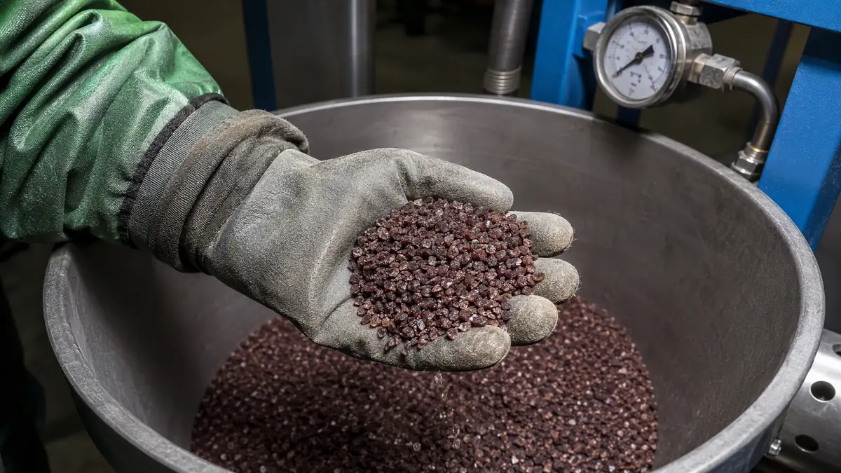 A gloved hand holding sharp, uniform red garnet abrasive inside a modern industrial blast pot hopper.