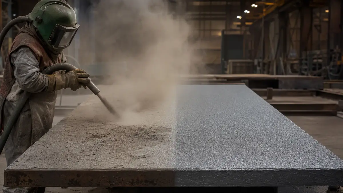 Split comparison of a steel plate blasted with dusty silica sand versus clean-cutting aluminum oxide.