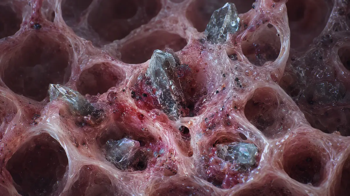 Microscopic view of sharp crystalline silica particles embedded in and scarring human lung tissue.