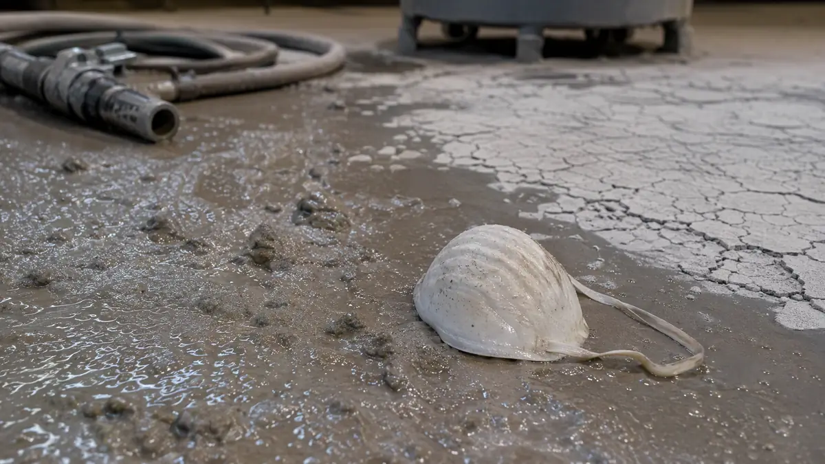 A soaked disposable dust mask lies next to a wet slurry of silica sand on a workshop floor, with dried silica dust residue vi