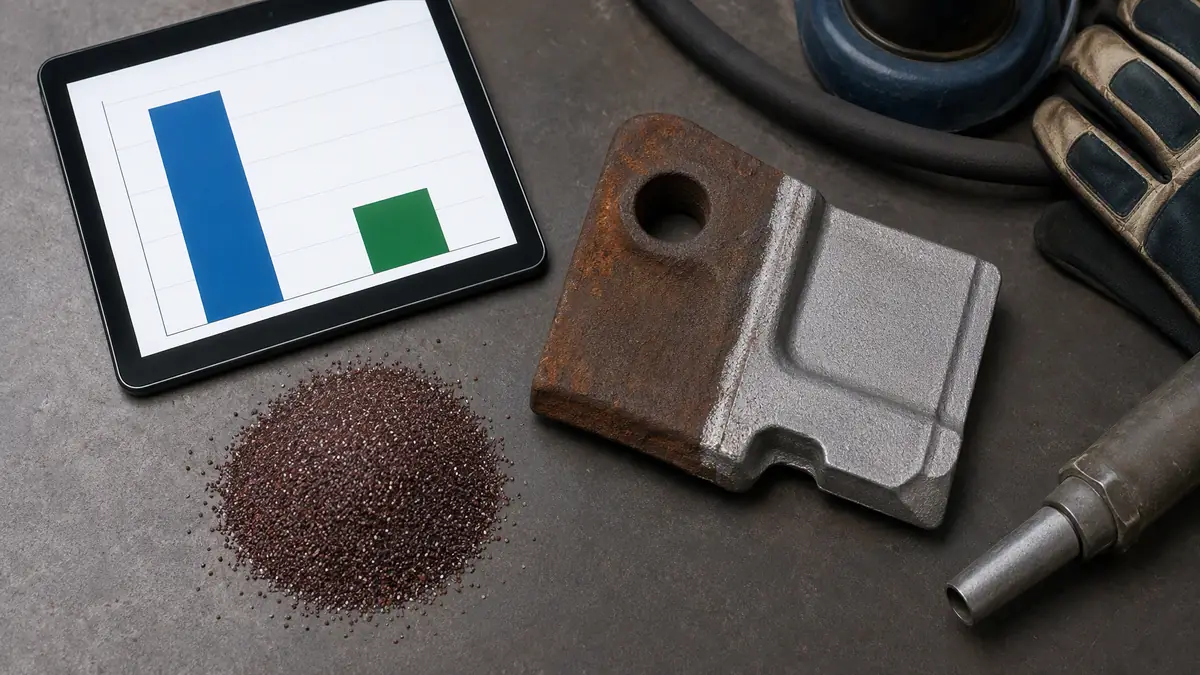 Top-down view of garnet abrasive, a partially cleaned steel part, and a tablet showing a lower cost-per-square-meter graph fo