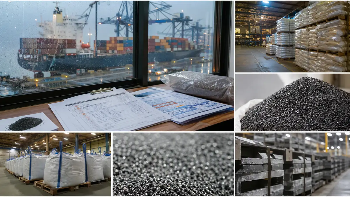 Warehouse desk with shipping documents and imported abrasive sample, overlooking a rainy port with a container ship, highligh
