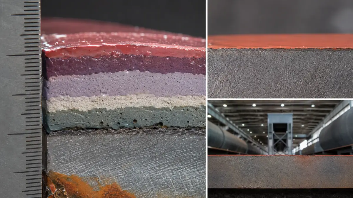 Macro cross-section comparing thick multi-layer railcar epoxy coating on steel versus thin standard shop primer
