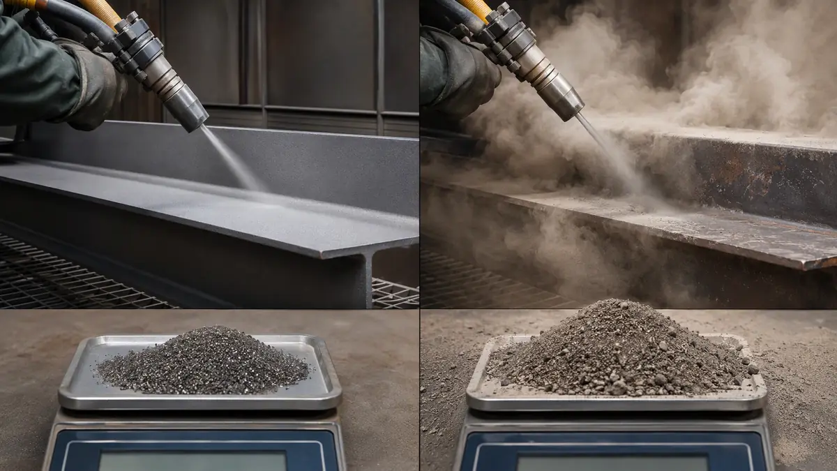 Split view comparing efficient steel grit blasting with minimal dust versus off-spec abrasive creating excessive dust and poo