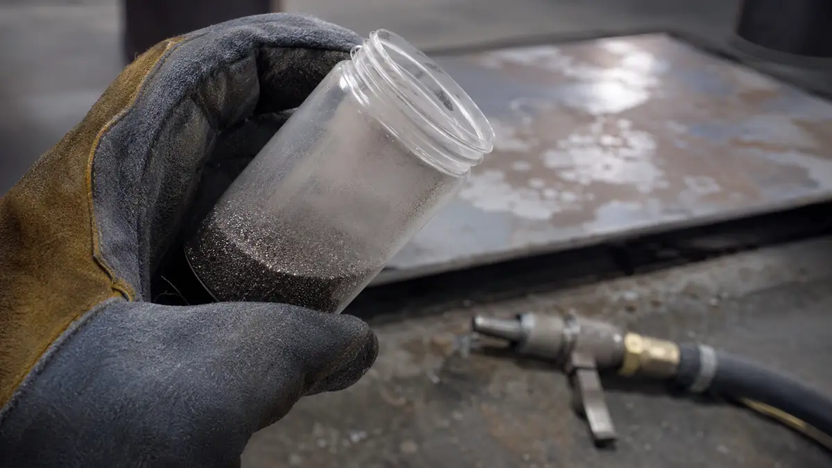 Supervisor holding a sample jar of abrasive where fine dust separates from the grit, with a patchy workpiece in the backgroun