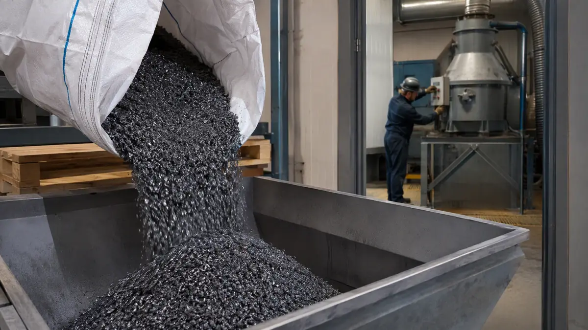 Fresh steel grit being poured into a hopper in the foreground, with a technician tuning a classifier in the background.