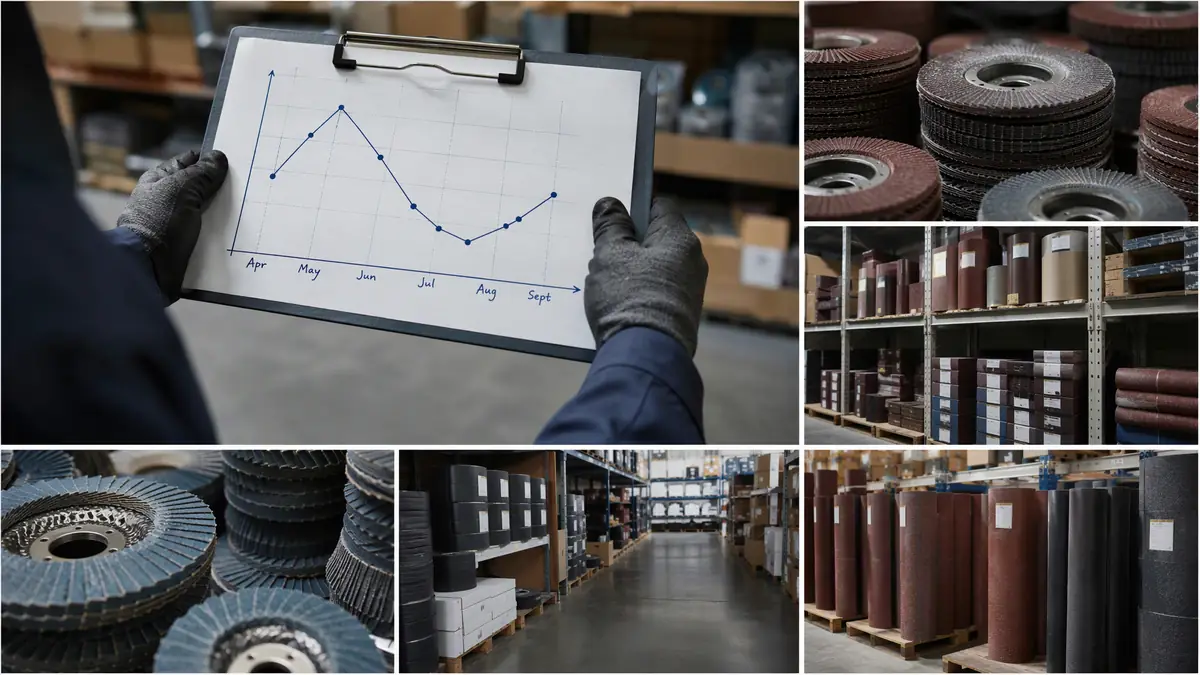 Gloved hands holding a clipboard with a simple seasonal demand curve chart, with organized abrasive inventory shelves in the