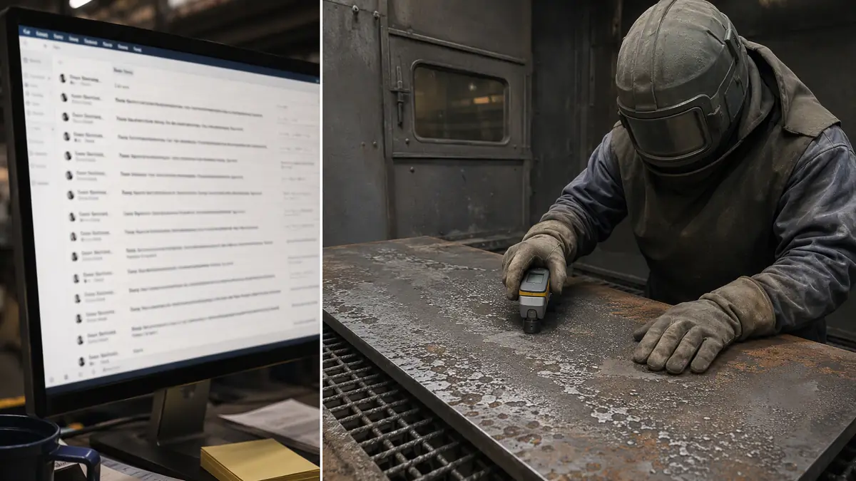 Split image showing email delays and poor surface preparation result from a vague abrasive quote.