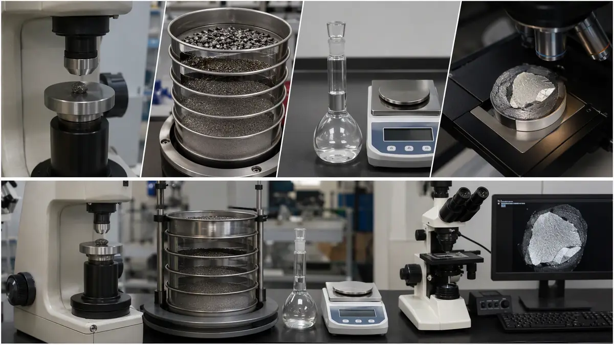 Laboratory setup with hardness tester, sieve shaker, density measurement tools, and microscope for analyzing steel grit abras