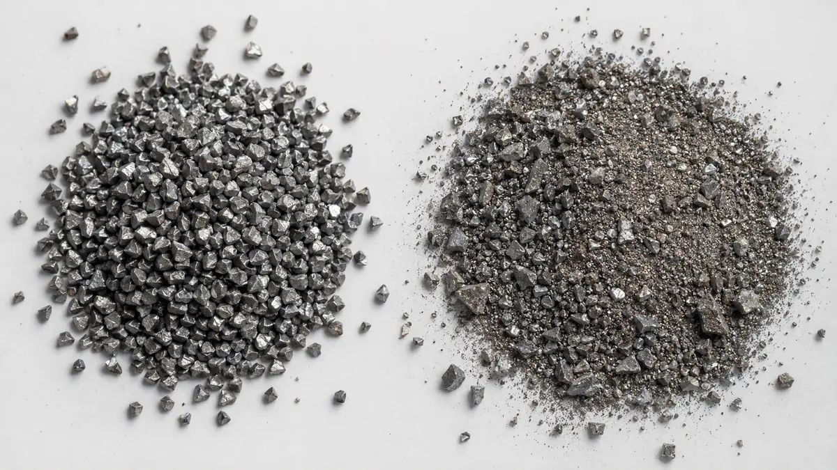 Macro comparison of uniform steel grit versus a contaminated sample full of abrasive fines and dust.