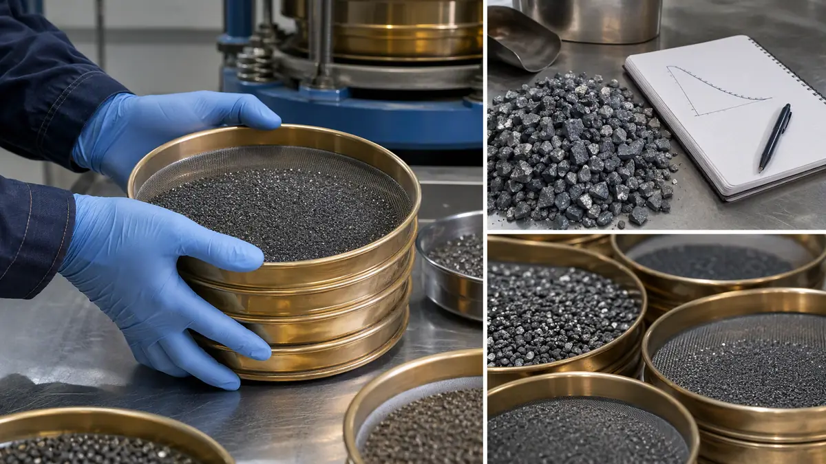 Technician performing a sieve analysis on abrasive media to determine particle size distribution.