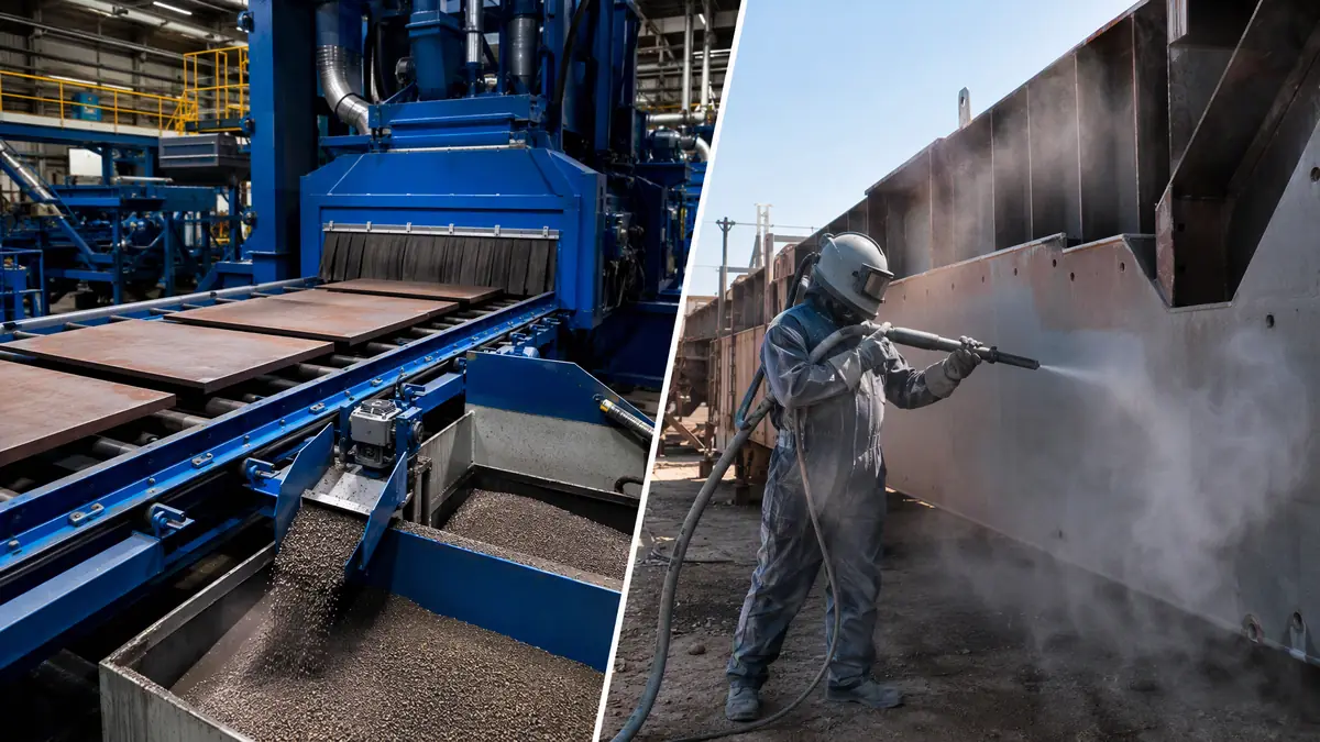 Split scene comparing a recycling shot blast machine with an open-field expendable abrasive blasting operation.