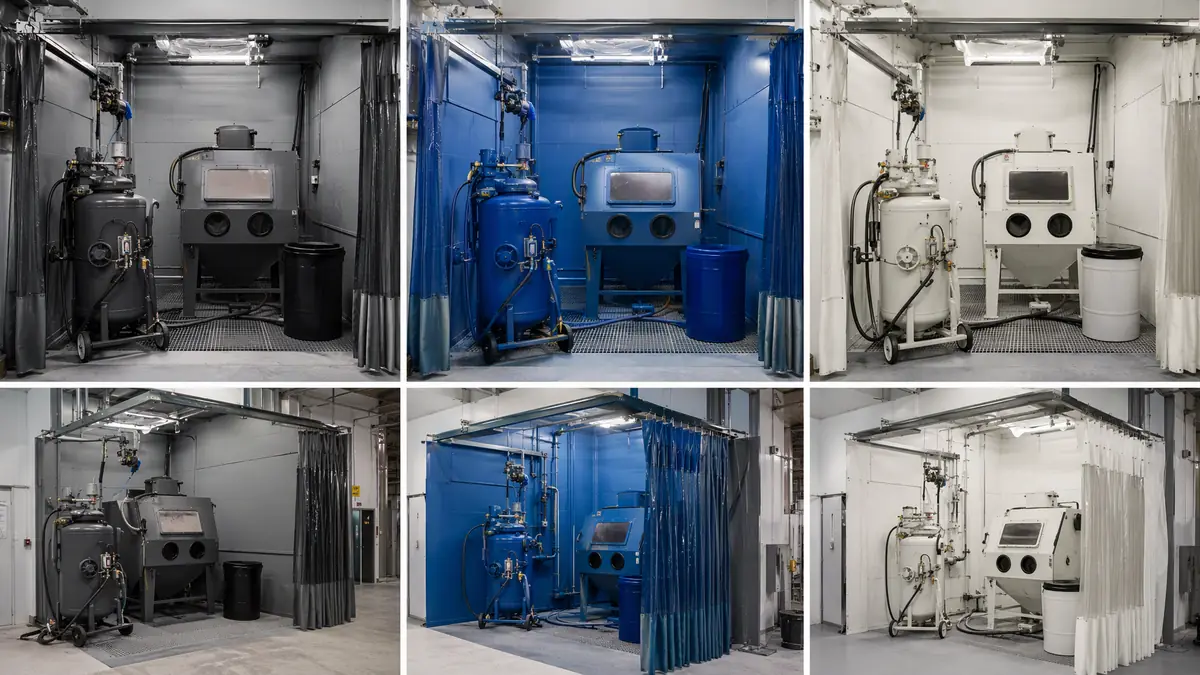 Industrial blast room with three segregated work zones for ferrous, stainless, and non-ferrous alloy blasting