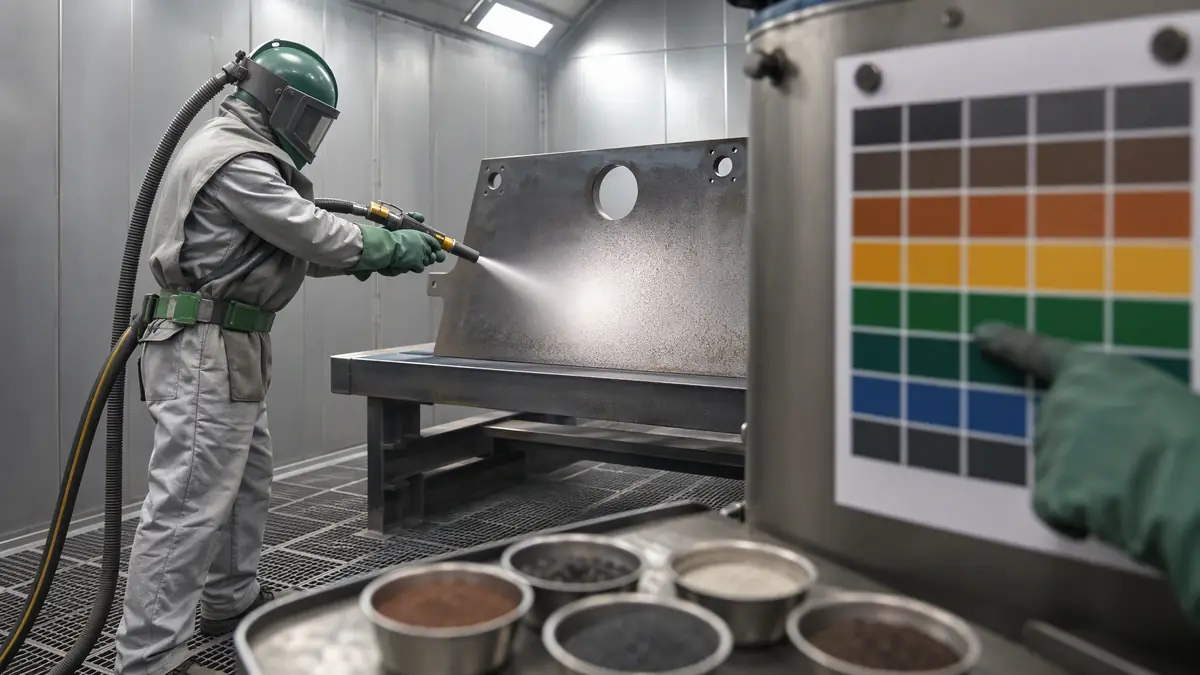 Worker blasting steel with garnet abrasive in a clean blast room next to a color-coded media selection guide.