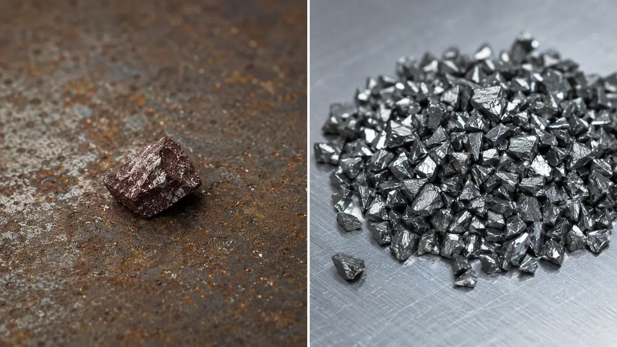 Close-up comparison of a single-use garnet particle and a pile of reusable steel grit on steel surfaces.