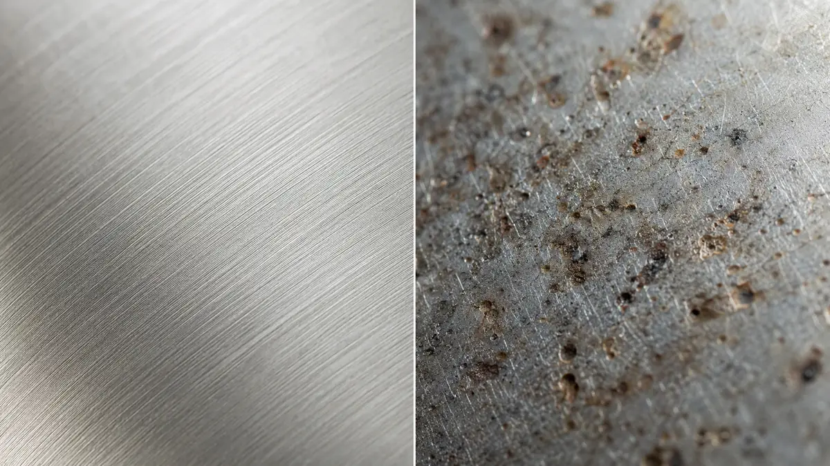 Macro comparison of clean stainless steel surface versus one with embedded ferrous contamination and pitting corrosion