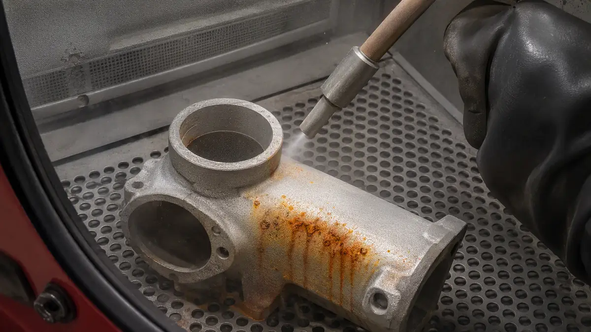 Stainless steel part inside a blast cabinet showing rust stains from steel grit contamination