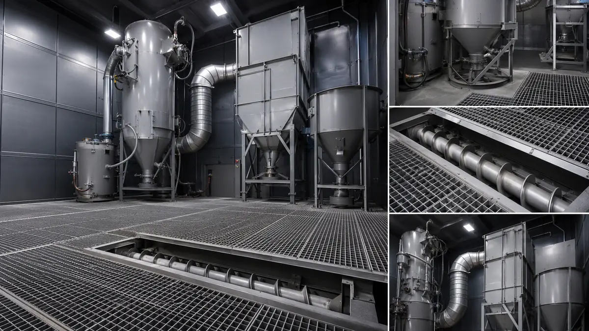 Interior of a blast room showing a grated recovery floor, screw conveyor, air-wash separator, and blast pot for steel grit re