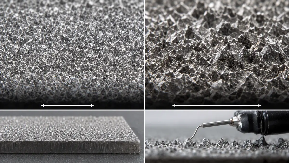 Macro comparison of fine 30-50 micron and coarse 50-75 micron anchor profiles on blasted steel.