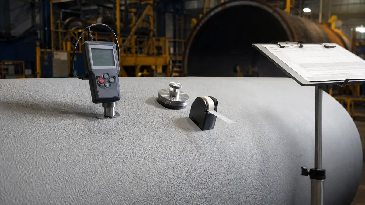 Quality control inspection of uniform blasted surface profile on wind tower steel with digital gauge and comparator tools
