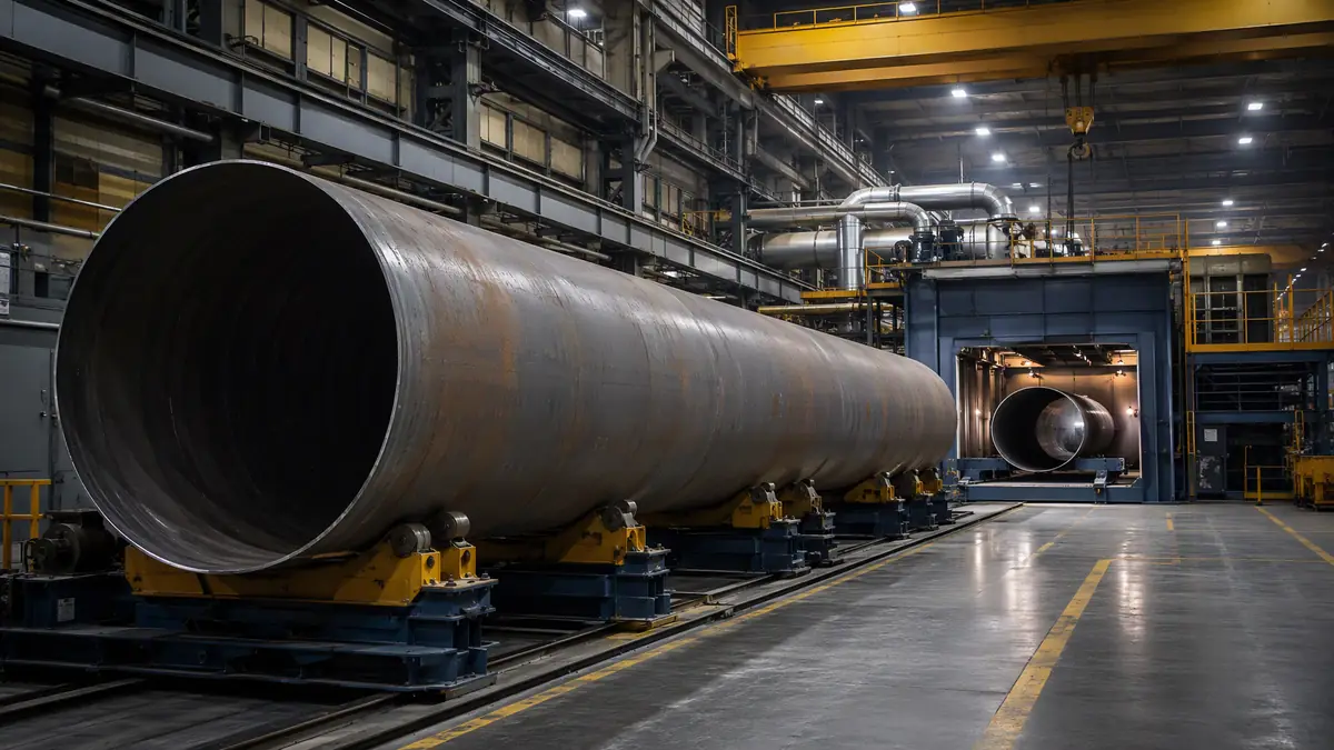 Massive wind tower steel section on factory rollers before abrasive blasting surface preparation process