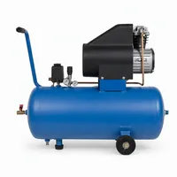 Industrial air compressor with blue tank, motor, and wheels on white background