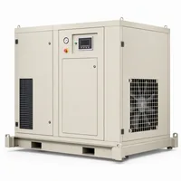 Industrial rotary screw air compressor package with enclosure on white background