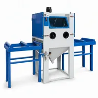Industrial blue blast cabinet with front window and integrated gloves on white background
