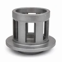 High chrome alloy blast wheel control cage with slotted cylindrical body and flanged base on white background