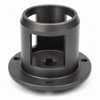 Manganese steel blast wheel control cage with flanged base and lateral window on white background