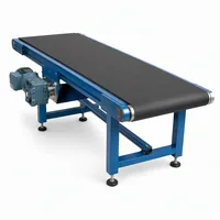 Industrial flat belt conveyor with blue steel frame and black rubber belt on white background
