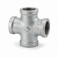GI Cross Fitting 20x25 mm galvanized iron four-way pipe connector on white background