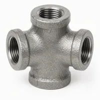 GI Cross Fitting 25x20 mm galvanized iron four-way pipe connector on white background