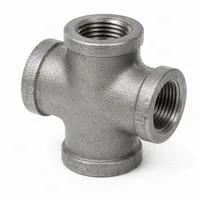 GI Cross Fitting 32x25 mm galvanized iron four-way pipe junction on white background