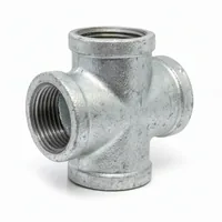 GI Cross Fitting 40x15x40 mm galvanized iron 4-way pipe connector on white background