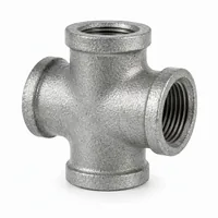 GI Cross Fitting 40x25 mm galvanized iron four-way pipe connector on white background