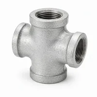 GI Cross Fitting 50x40 mm galvanized iron four-way pipe connector on white background