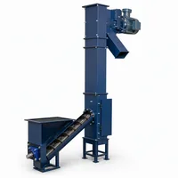 Industrial blue Media Reclaim System Bucket Elevator with infeed auger and top motor on white background
