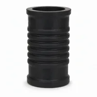 Front view of a black industrial pinch valve rubber sleeve with central bellows on a white background