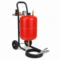 Portable sandblaster kit compact with red tank, hose, and blast gun on white background