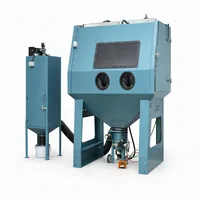Industrial blue pressure blast cabinet 1800 mm with front door, viewing window, arm ports, and side dust collector on white b