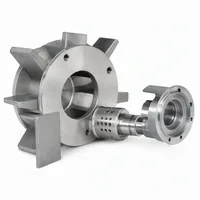 Cast iron shot blasting wheel with galvanized finish and four throwing blades on white background