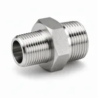 Stainless steel hex nipple 25x15 mm with hexagonal body and two threaded ends on white background